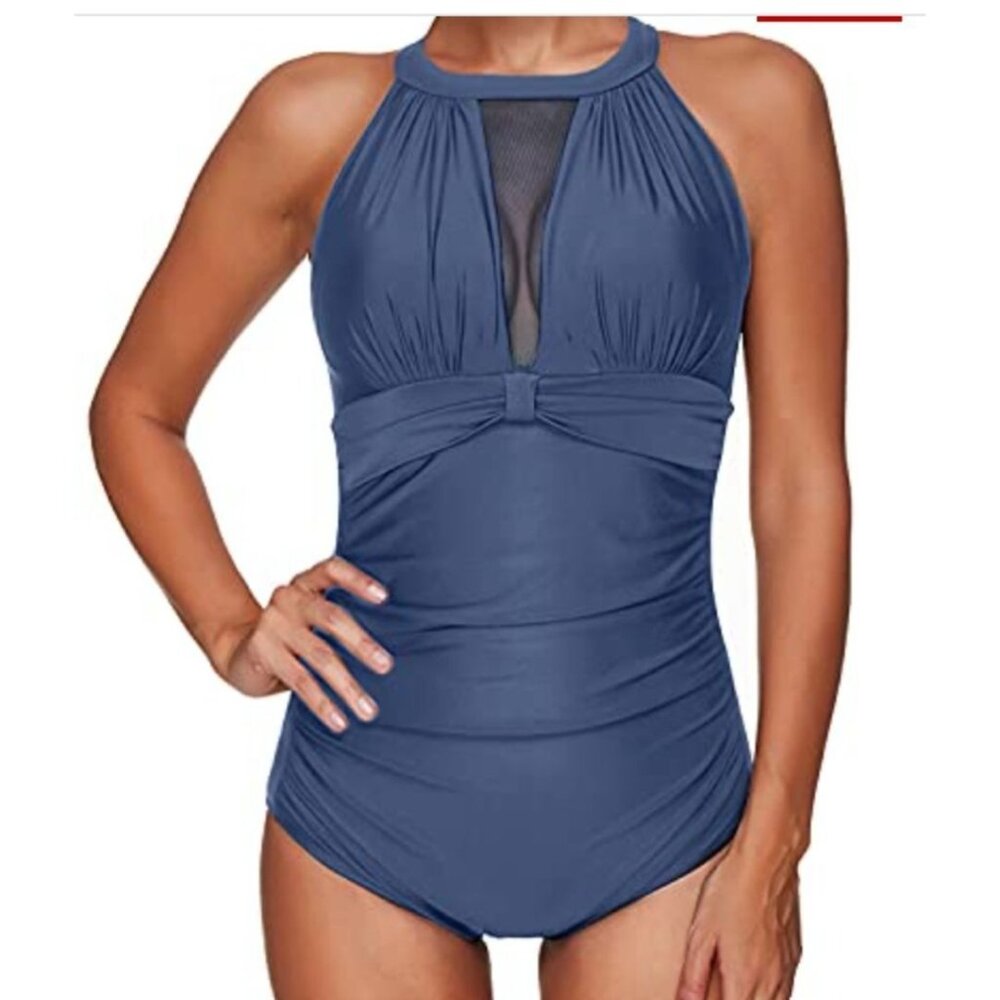 Tempt Me Womens Blue Mesh Monokini Swimsuit Halter Neck & Back Closure Size M